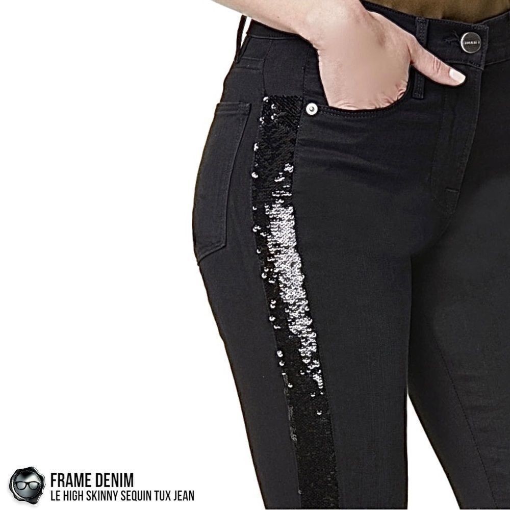 FRAME DENIM LE HIGH SKINNY SEQUIN TUX STRIPE JEAN NOIR BLACK WOMEN’S SIZE 27 NWT